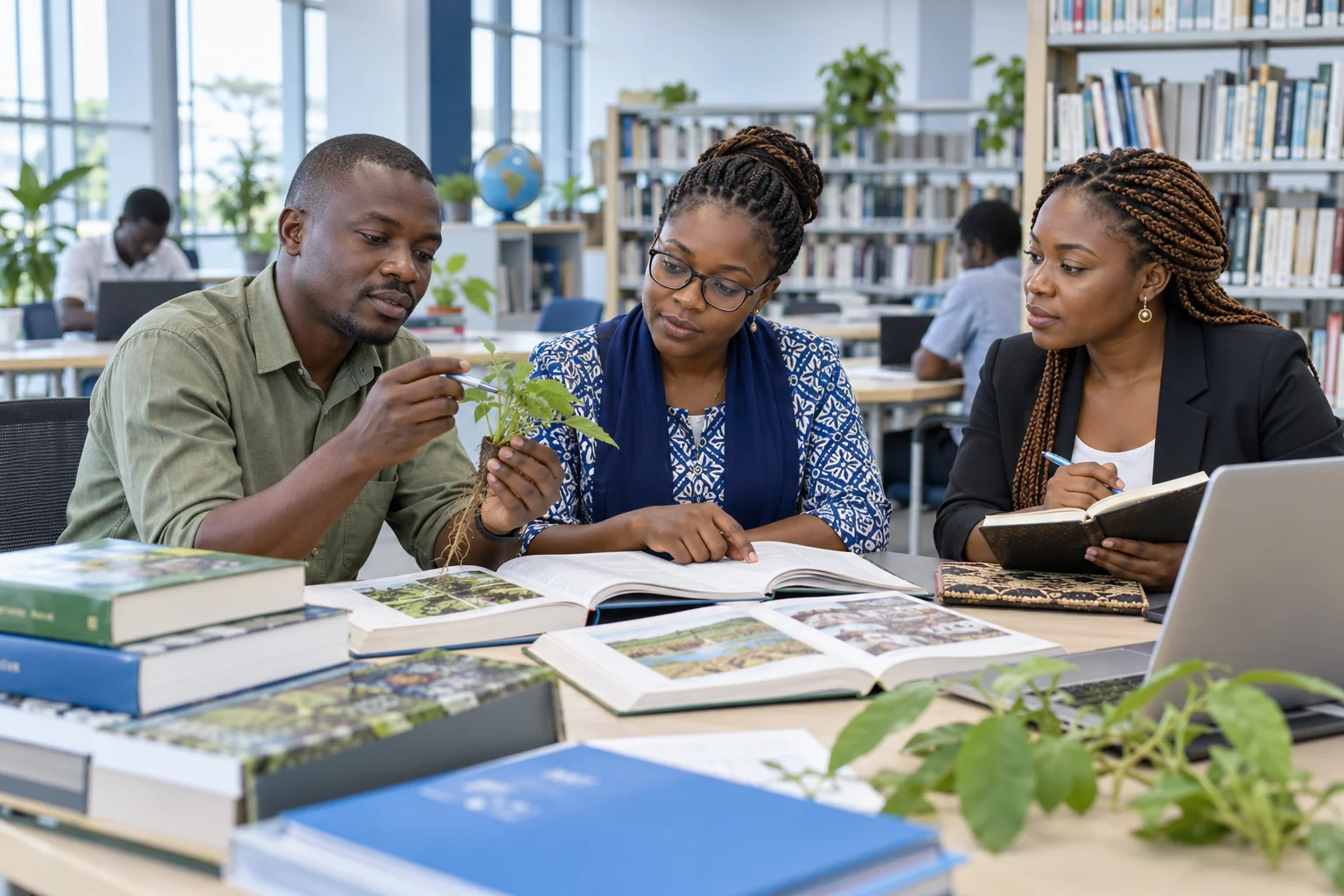 Illustration générée : Trois professionnels ivoiriens consultent des ouvrages communs et discutent d’un exemple agronomique dans une bibliothèque.