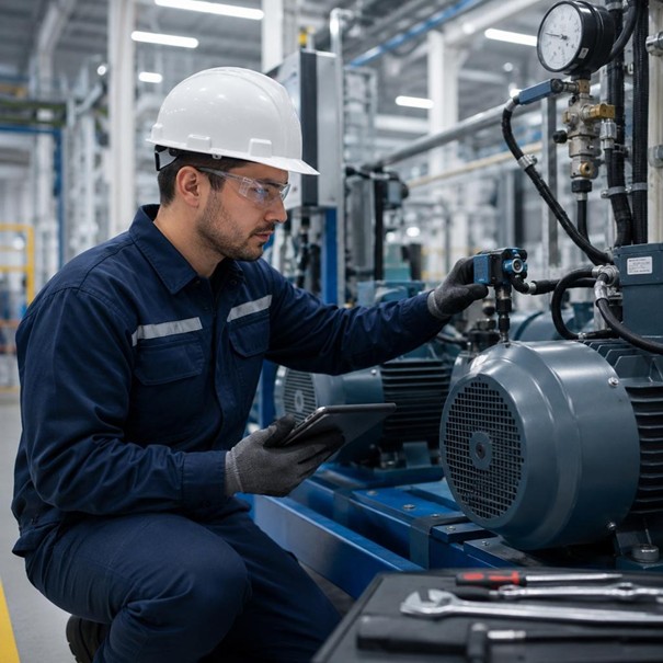 Photographie : un technicien casqué vérifiant un équipement industriel, tablette en main
