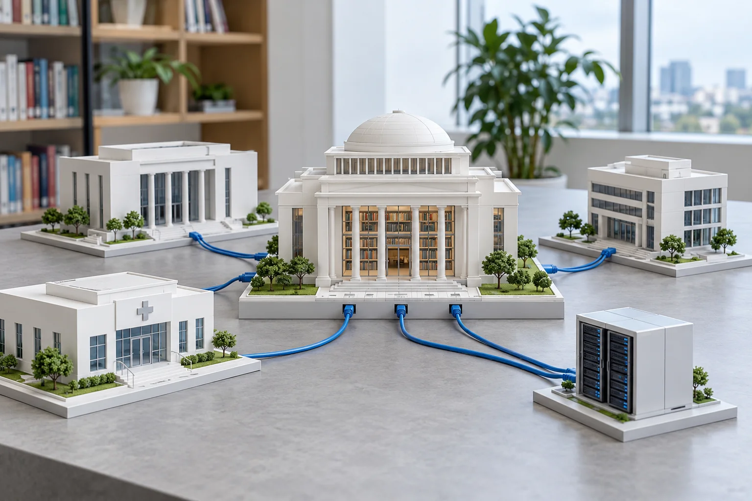 Illustration générée : Maquette conceptuelle de bâtiments de services et d’un module informatique reliés à une bibliothèque par des câbles bleus.