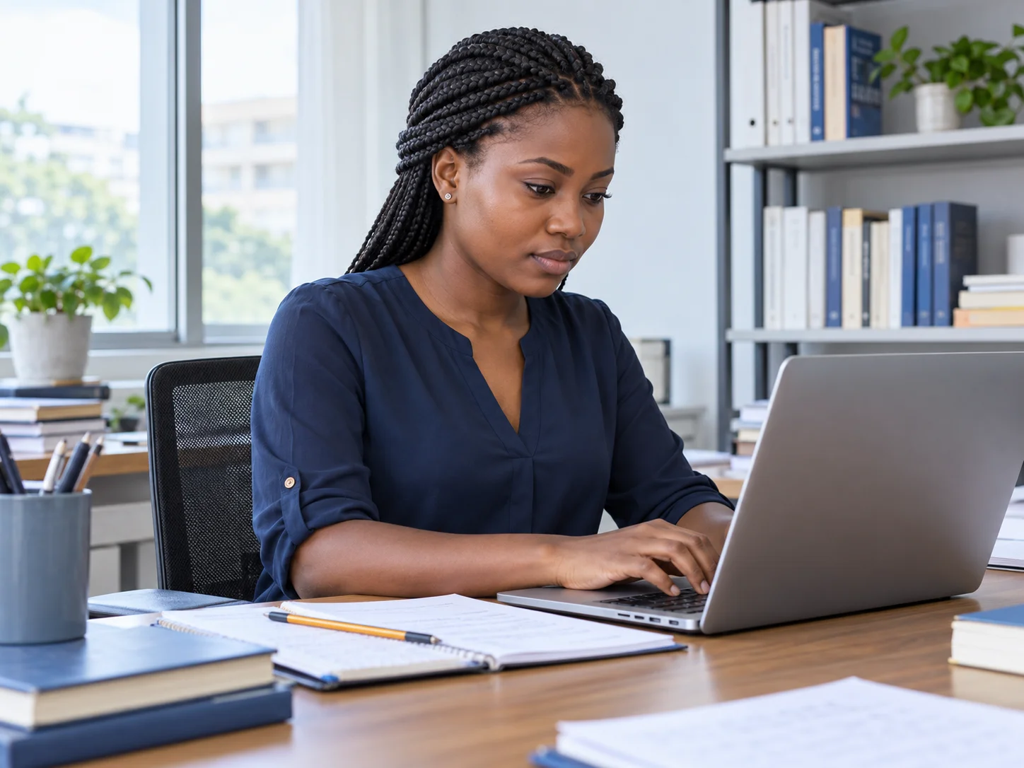 Illustration : chercheuse ivoirienne travaillant sur un ordinateur portable avec ses notes