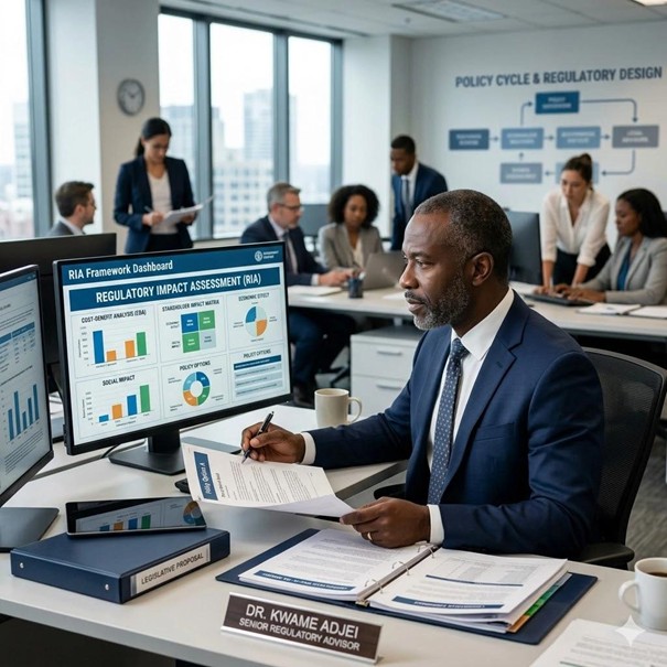 Photographie : un cadre examinant un tableau de bord d'évaluation réglementaire