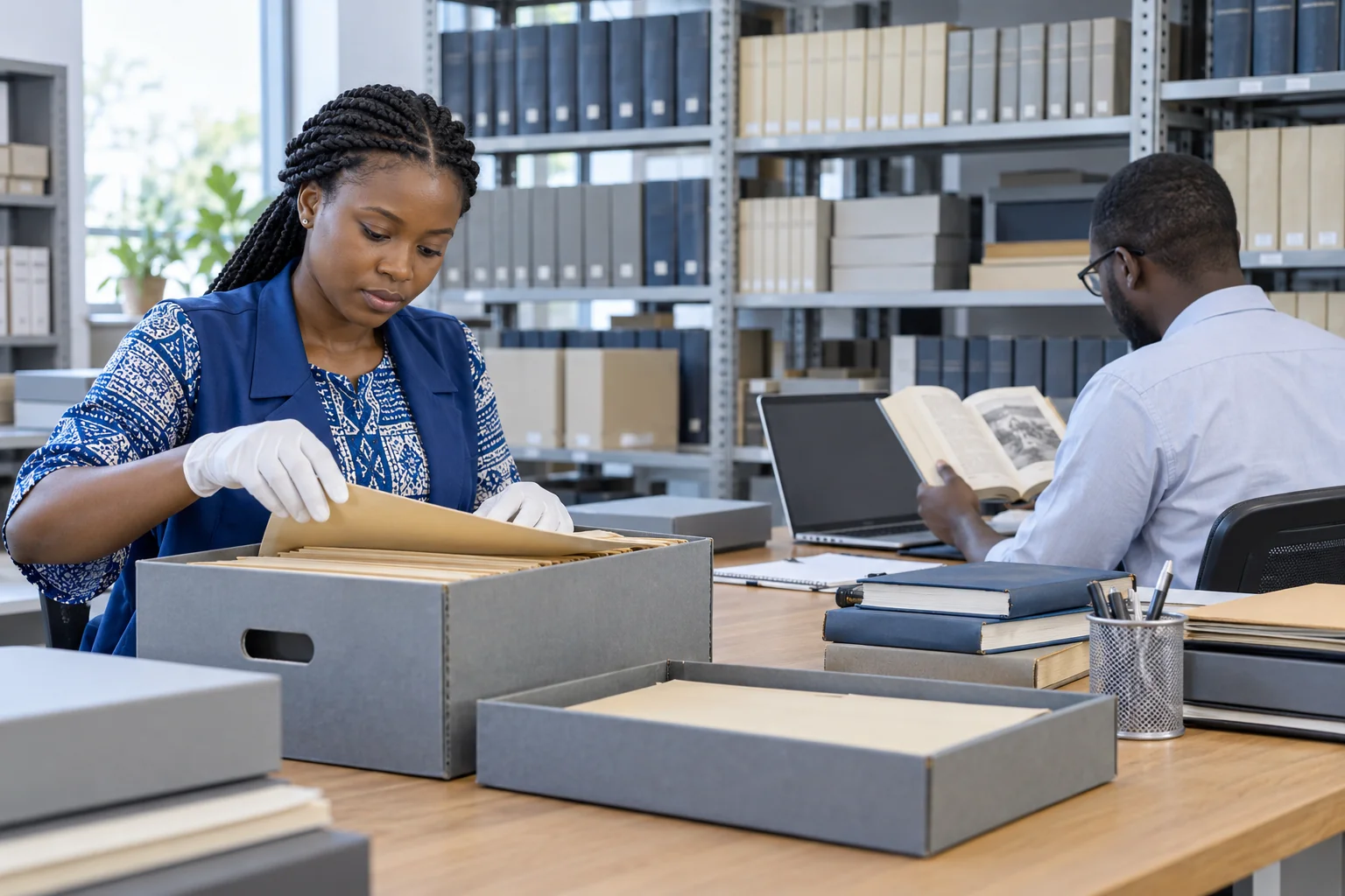 Illustration générée : Une archiviste ivoirienne classe des dossiers pendant qu’un chercheur consulte un ouvrage dans une salle d’archives.