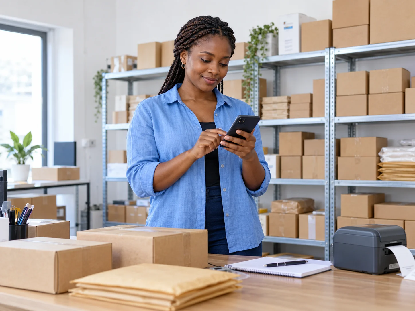 Illustration : une entrepreneuse ivoirienne utilisant un smartphone dans un espace de préparation de commandes.