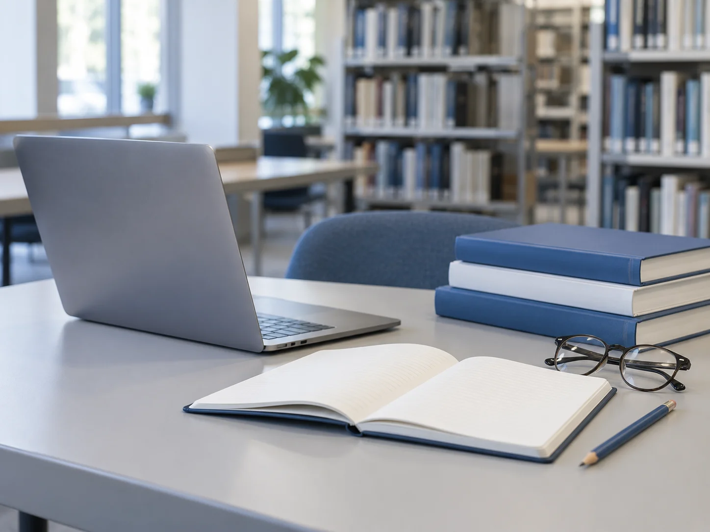 Illustration : ordinateur portable, livres, carnet et lunettes sur une table de bibliothèque.