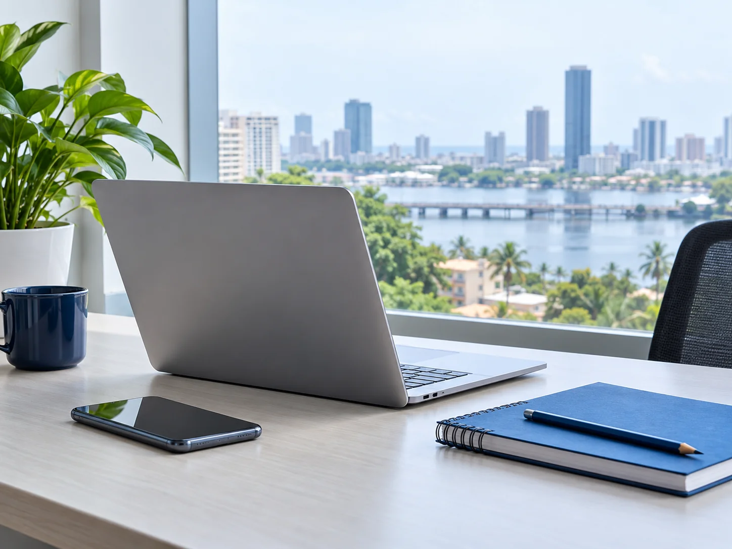 Illustration : ordinateur portable, smartphone et carnet sur un bureau avec vue urbaine